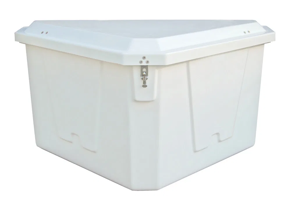 83561 – TAYLOR MADE Dock Storage Box, Triangle 54 Inch Length x 33 Inch Width x 27 Inch Height White Fiberglass Gas S...